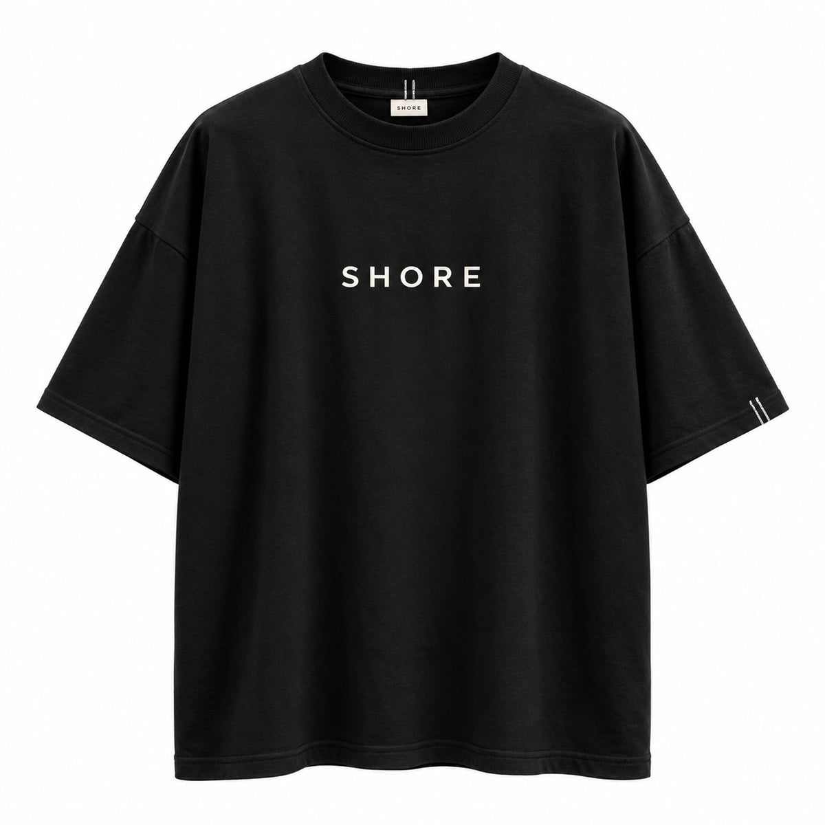 SHORE black oversized T-shirt front with SHORE logo